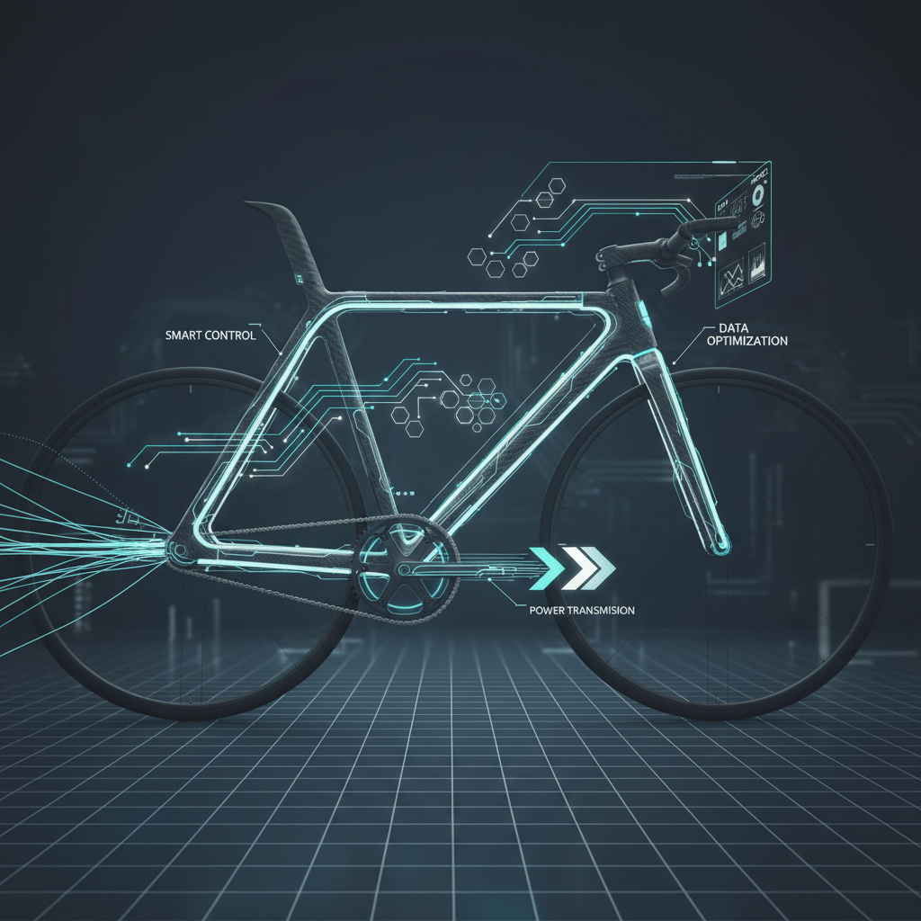 ATTRAKBIKE 獲台北市長親身體驗:台灣運動科技的卓越證明與官方肯定 ATTTRAKBIKE 動力傳輸與智慧控制系統的抽象化工程示意圖。