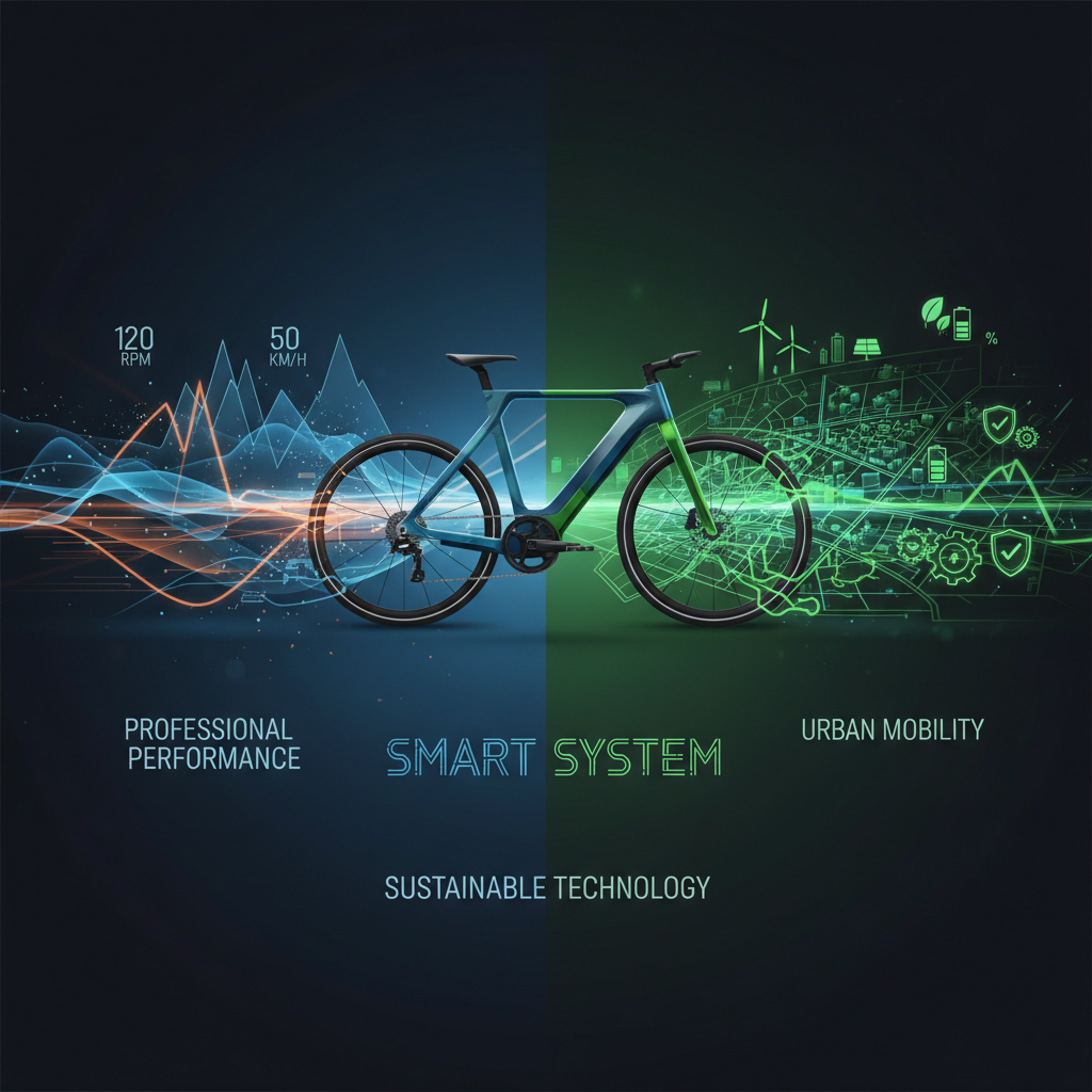ATTRAKBIKE 獲台北市長親身體驗:台灣運動科技的卓越證明與官方肯定 連結專業性能數據與城市永續發展概念的抽象視覺圖。