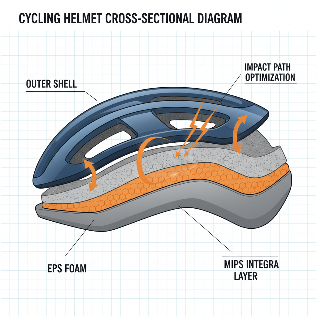 搶先預覽!MET 2026 年新款安全帽:設計、科技與價格總整理 安全帽內部結構分解圖,清晰展示 MIPS Integra 或 MIPS Air 系統如何嵌入以應對旋轉衝擊。