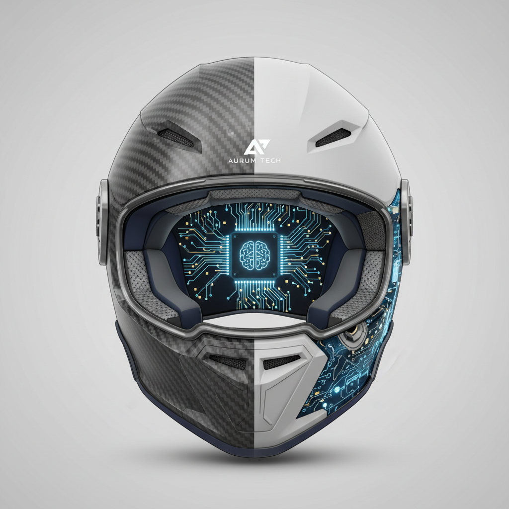 告別頸椎危機!2026年頂級運動安全帽科技:預見未來安全與舒適 未來頂級安全帽,展示碳纖維結構與內建AI晶片的複合設計。