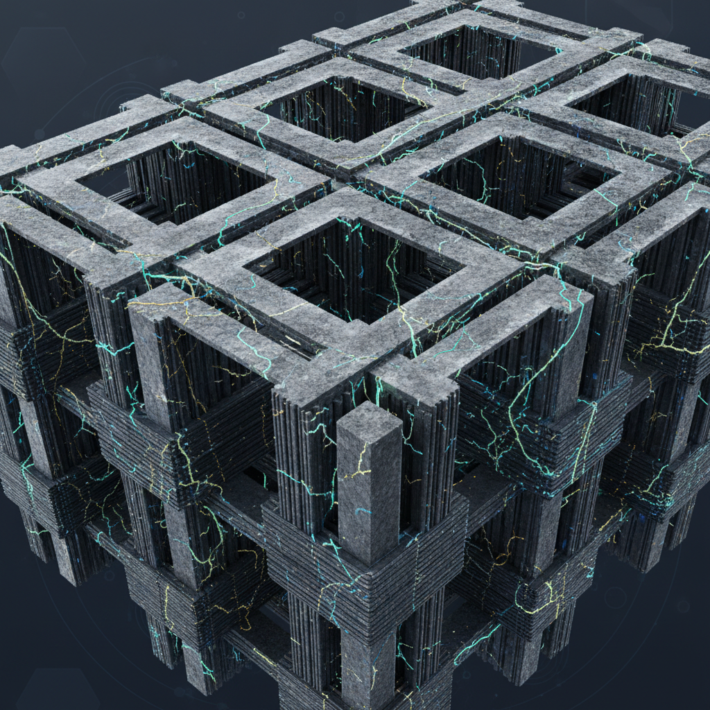 告別頸椎危機!2026年頂級運動安全帽科技:預見未來安全與舒適 高強度複合材料編織結構的抽象視覺化。