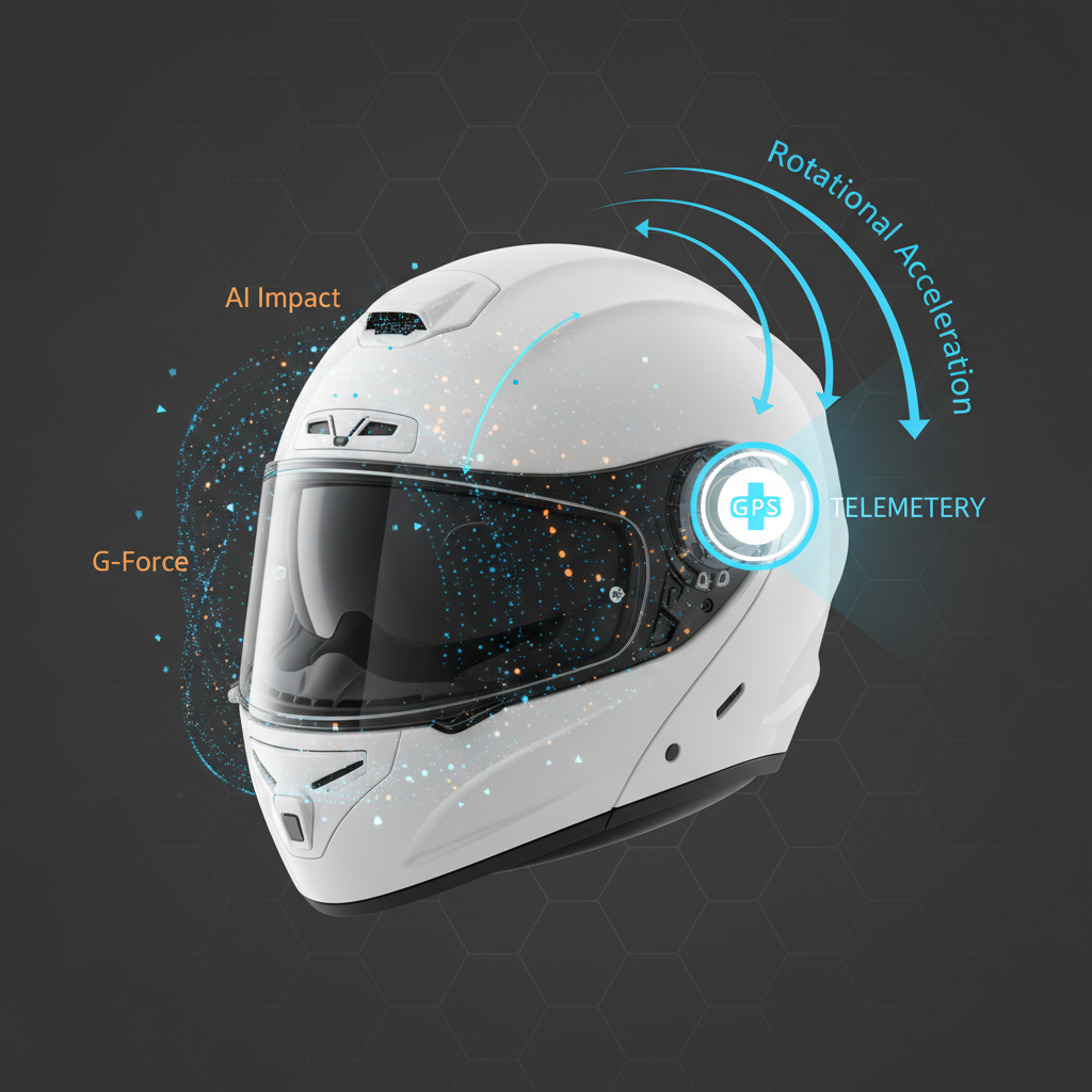 告別頸椎危機!2026年頂級運動安全帽科技:預見未來安全與舒適 AI衝擊偵測系統,顯示數據軌跡與緊急訊號傳輸。
