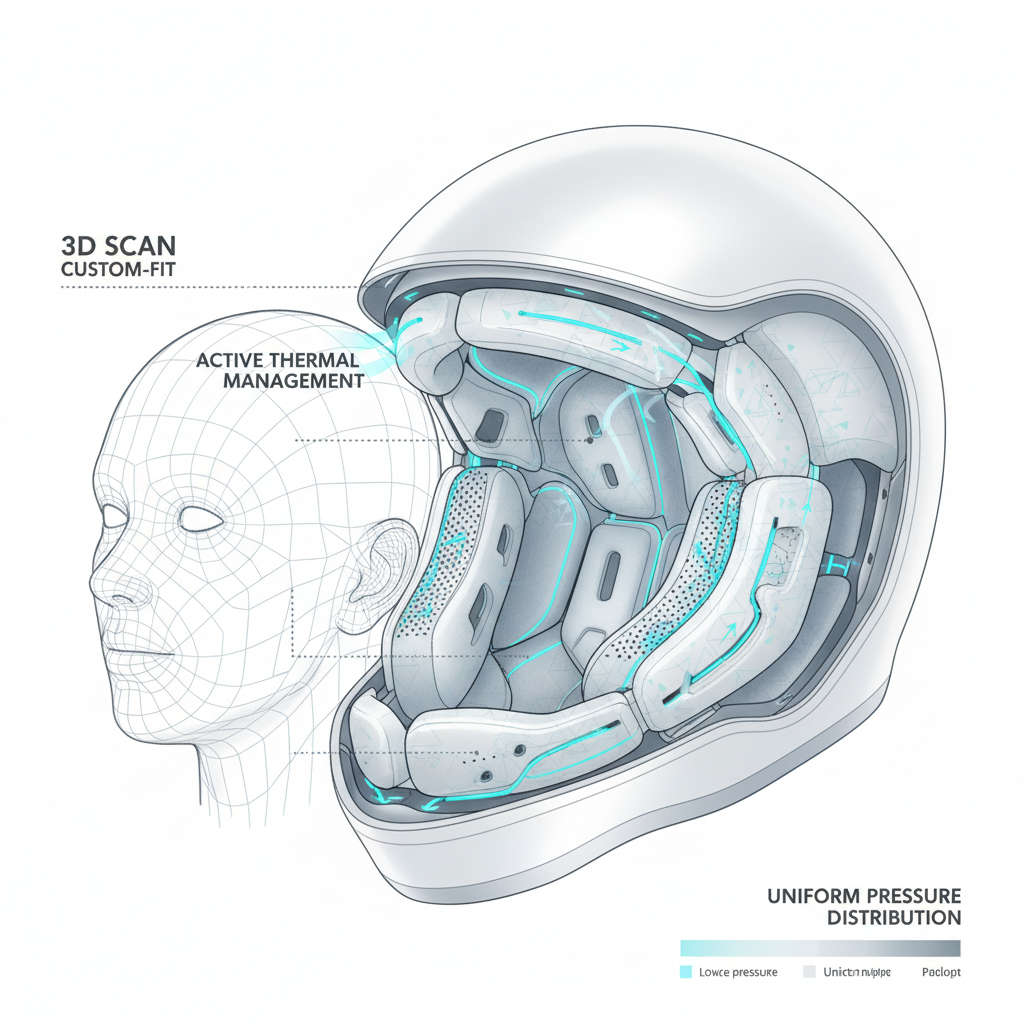 告別頸椎危機!2026年頂級運動安全帽科技:預見未來安全與舒適 人體工學客製化內襯與主動通風系統的結構示意圖。