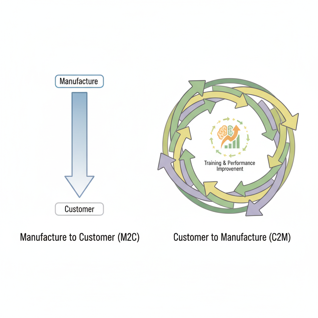 線性 M2C 製造流程與循環 C2M 數據回饋流程的比較圖。