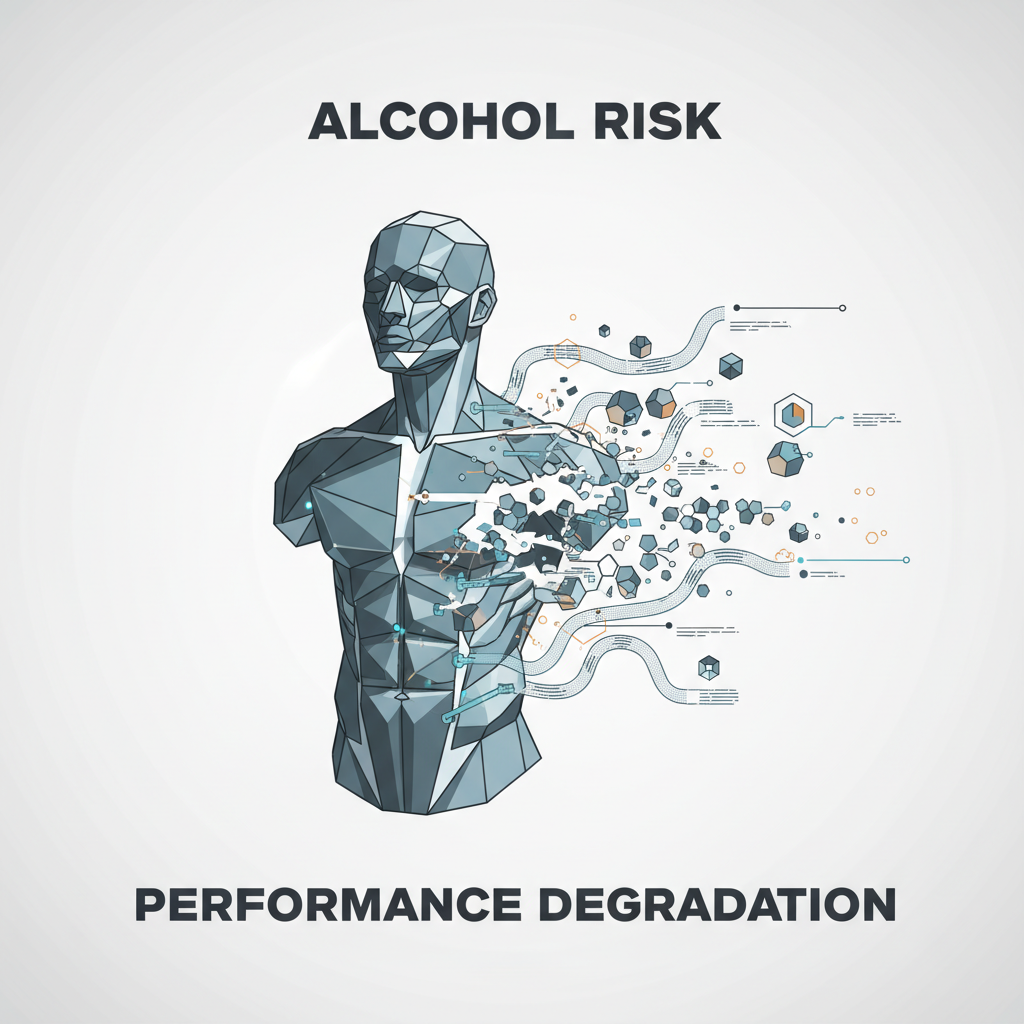 運動員的深夜秘密?科學解讀「喝酒」對運動訓練的真正影響與風險管理 運動員的身體結構與數據流受到酒精分子干擾的視覺化表現。