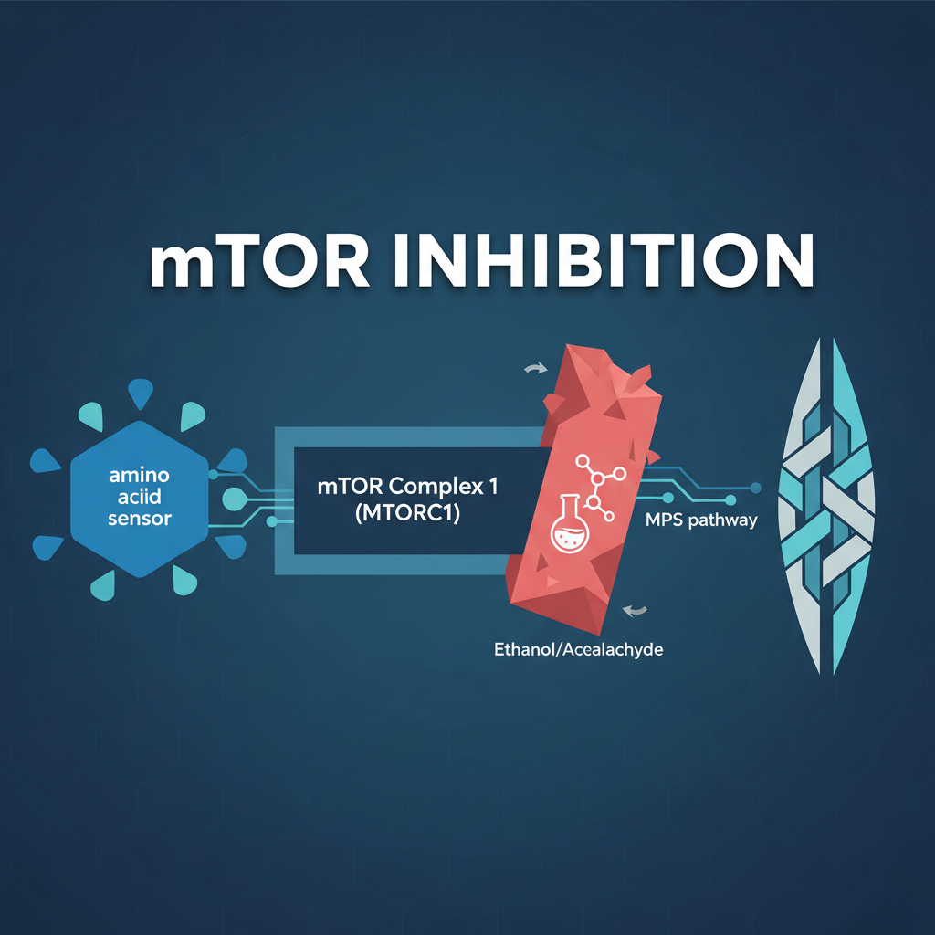 運動員的深夜秘密?科學解讀「喝酒」對運動訓練的真正影響與風險管理 酒精如何抑制mTOR訊號通路,阻礙肌肉蛋白質合成的抽象圖解。