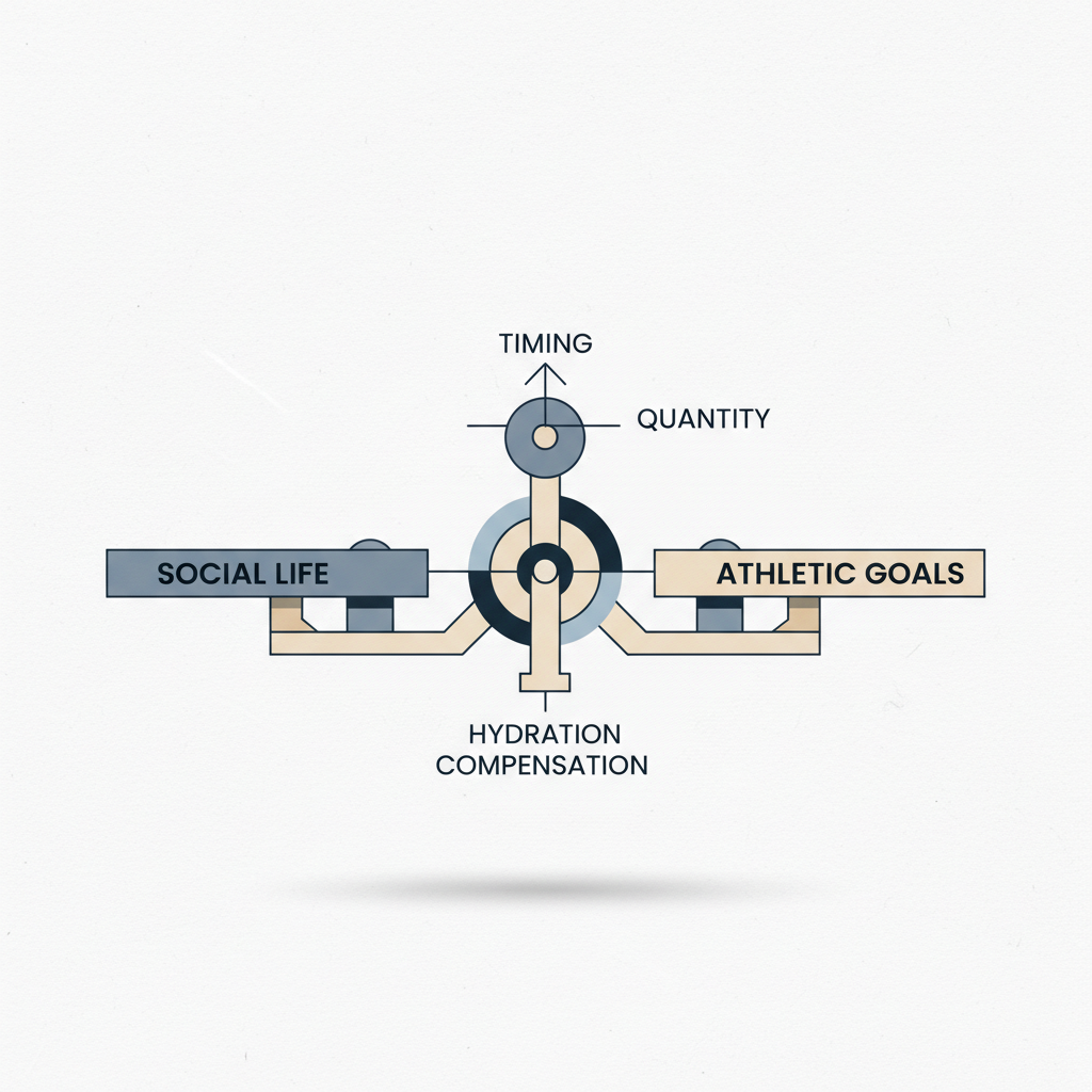 運動員的深夜秘密?科學解讀「喝酒」對運動訓練的真正影響與風險管理 運動員在社交生活與訓練目標之間,透過時機、份量和水合作用達成平衡的策略圖。