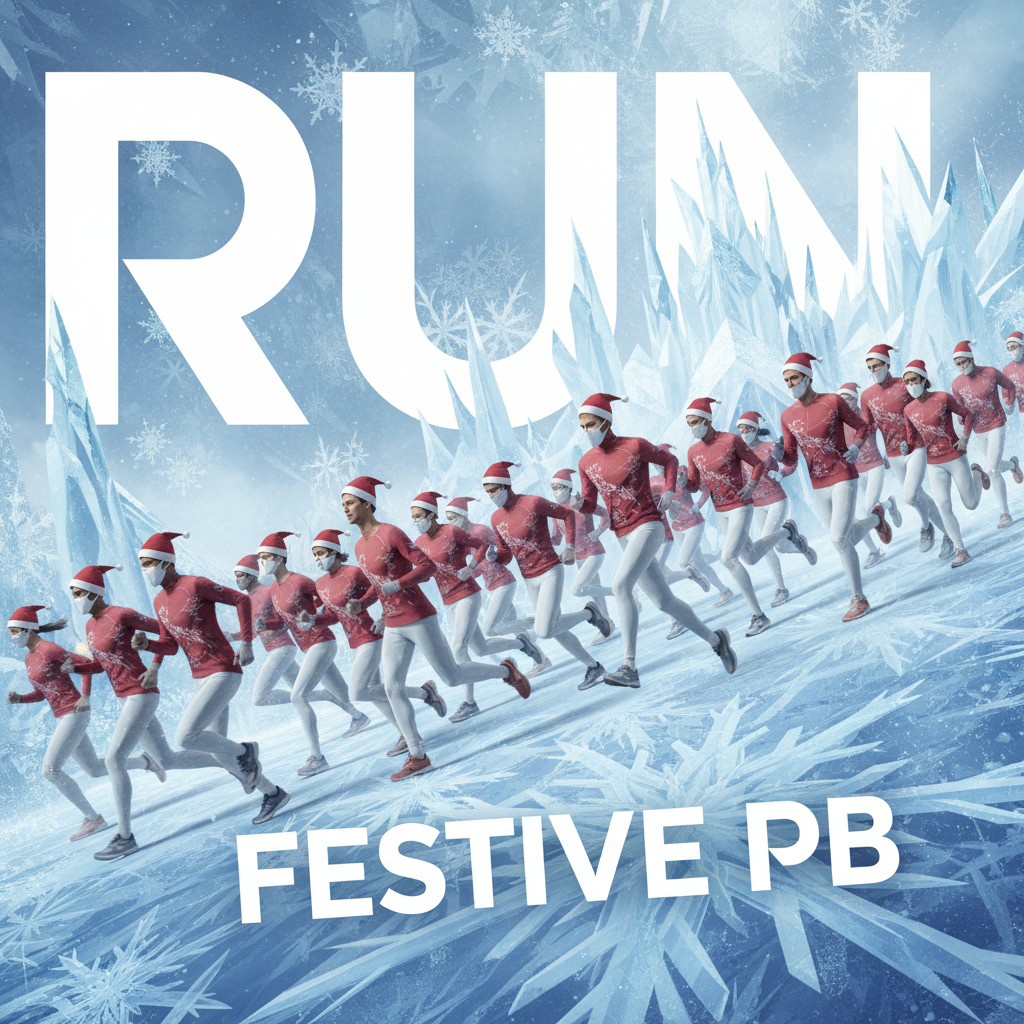 突破次元壁!「艾倫戴爾」聖誕路跑:當運動員遇上數百位送祝福的聖誕老人 一群穿著運動化聖誕服裝的跑者在賽道上奔跑,畫面充滿動態感與節慶精神,背景融合了抽象的冰雪幾何元素。