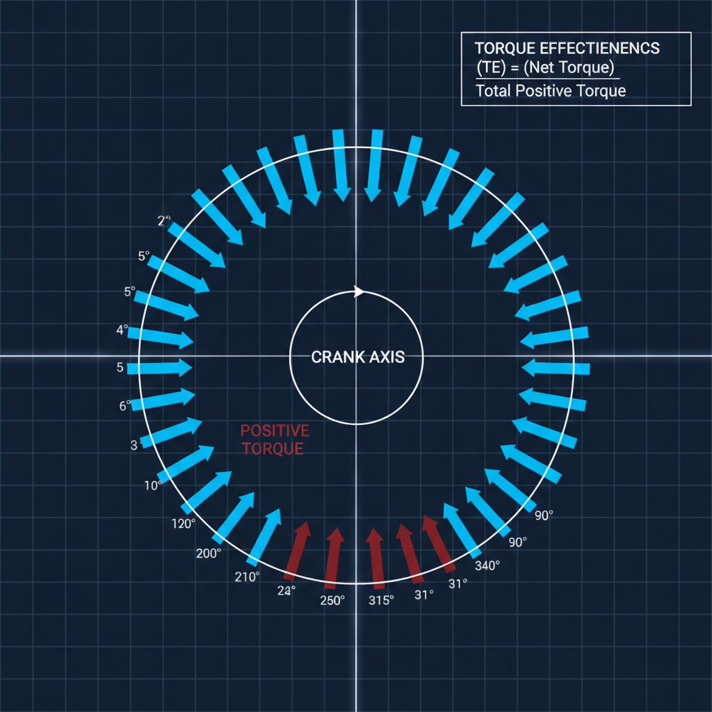 踩踏扭矩效率（TE）的科學圖解，展示淨扭矩與負向扭矩的關係。