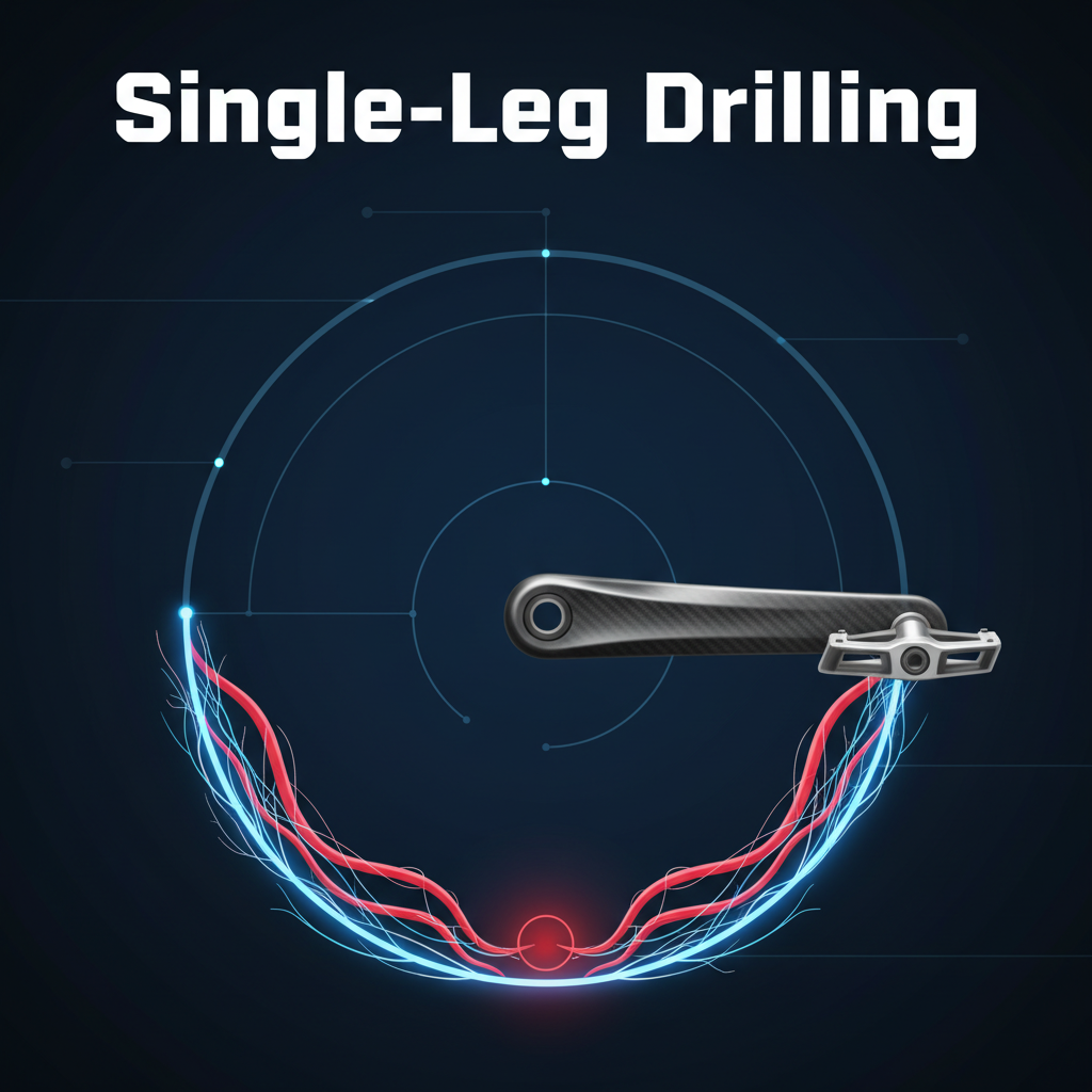 單腿踩踏訓練圖解，強調避免踩踏圓周底部的負向扭矩。